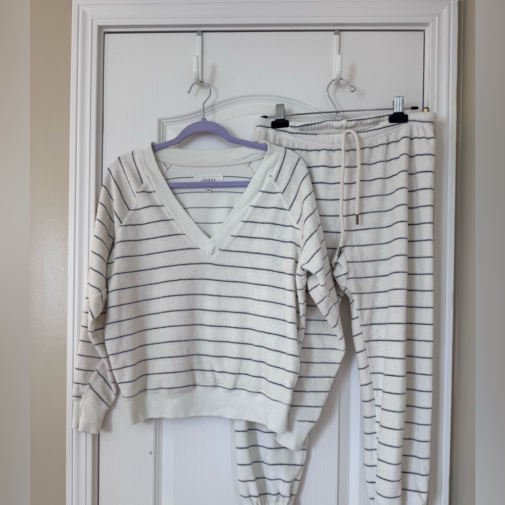 The Great Velour Tracksuit Set Size 0 Cream Striped Pullover & Joggers Lounge